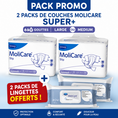 Pack Promo MoliCare Super+ : 2 Paquets de Couches + 2 Paquets de Lingettes Offerts !